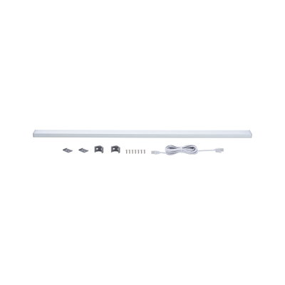 White LED strip with mounting clips, screws, and connection cable for versatile lighting setups