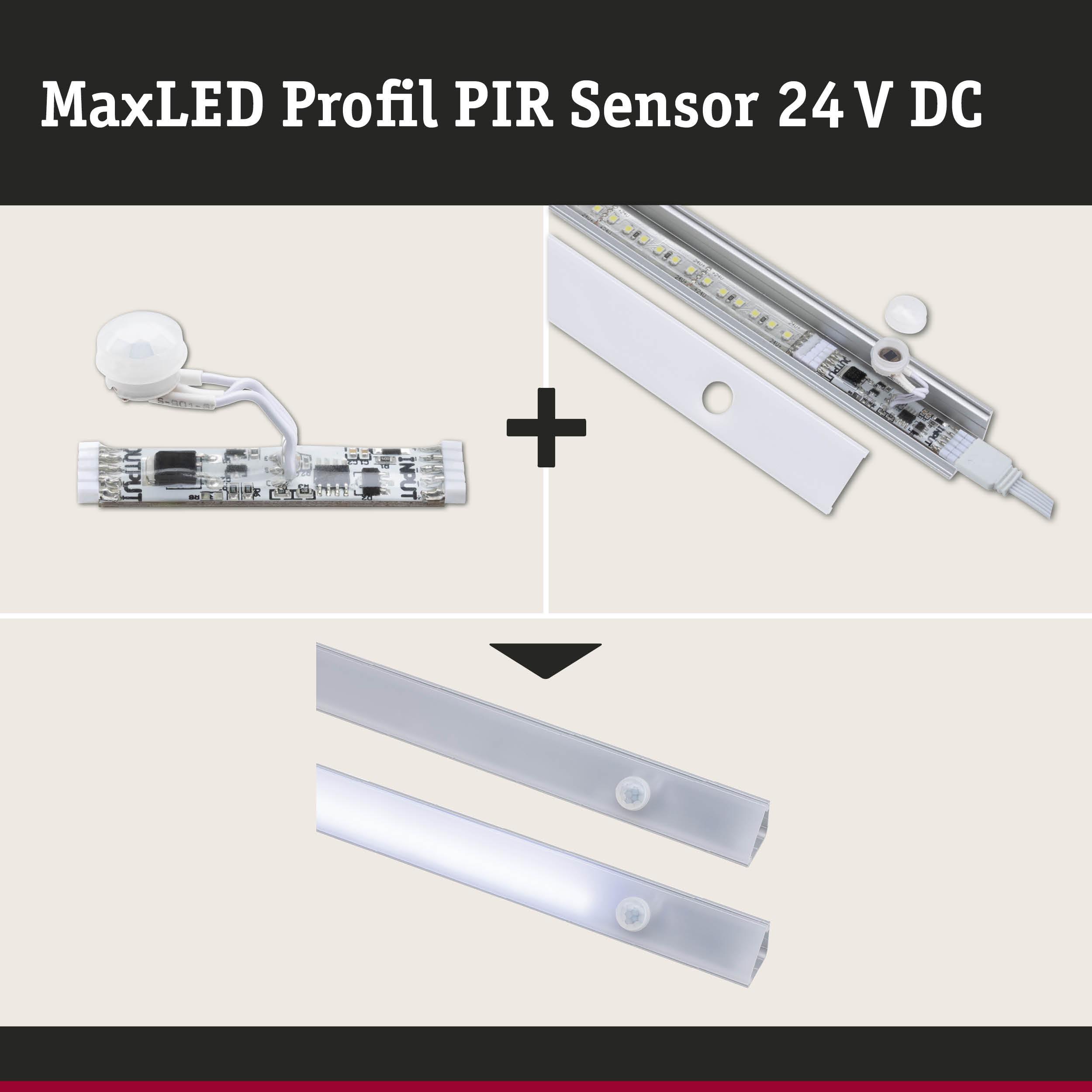 MaxLED Profil PIR Sensor 24 V DC mit weißem Aluminiumprofil und Bewegungsmelder für LED-Beleuchtung
