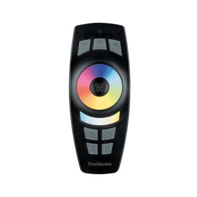 Télécommande noire Paulmann avec roue chromatique et boutons pour contrôle de la lumière et luminosité.