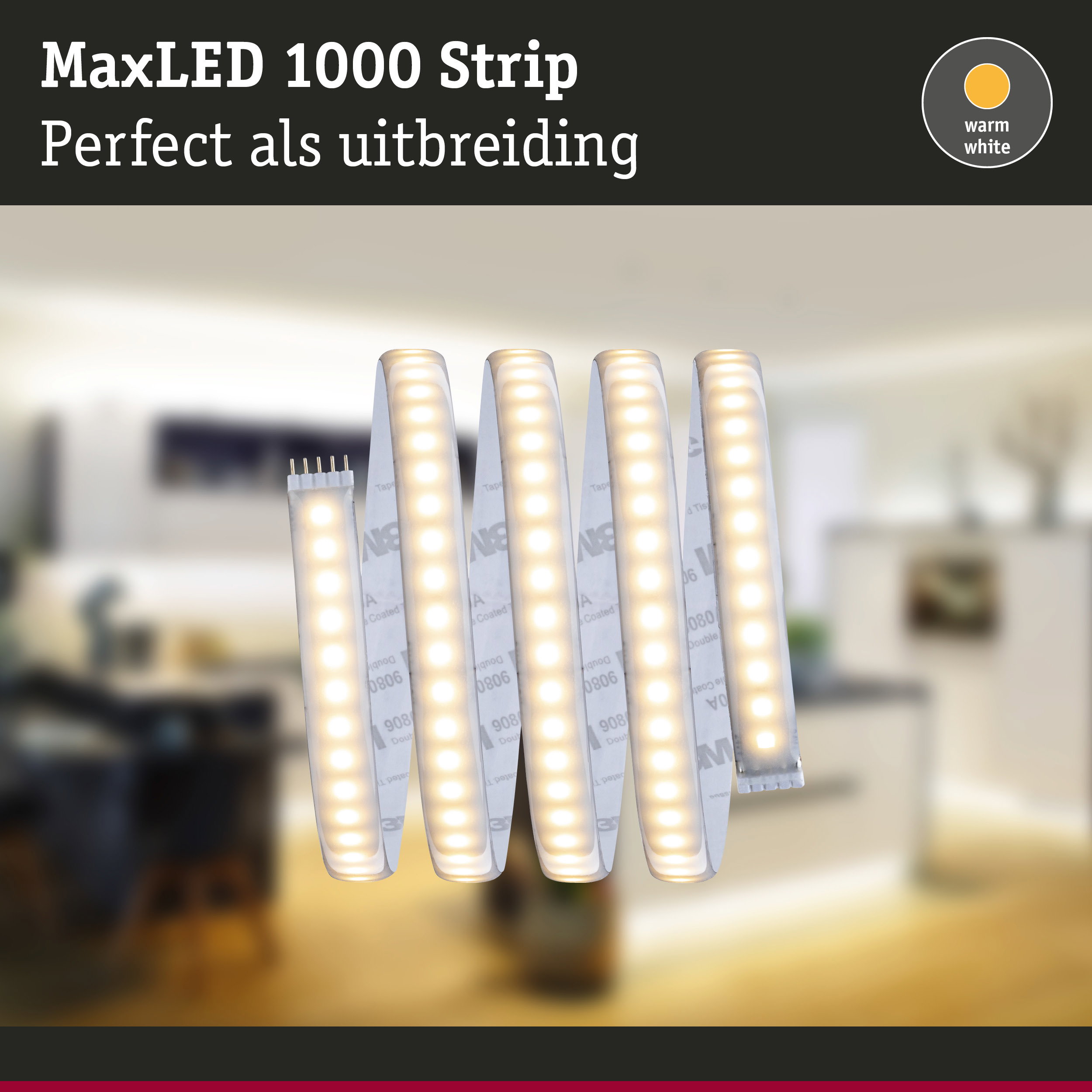 MaxLED 1000 LED-strip in warm wit met flexibele witte kunststofbasis voor binnenverlichting