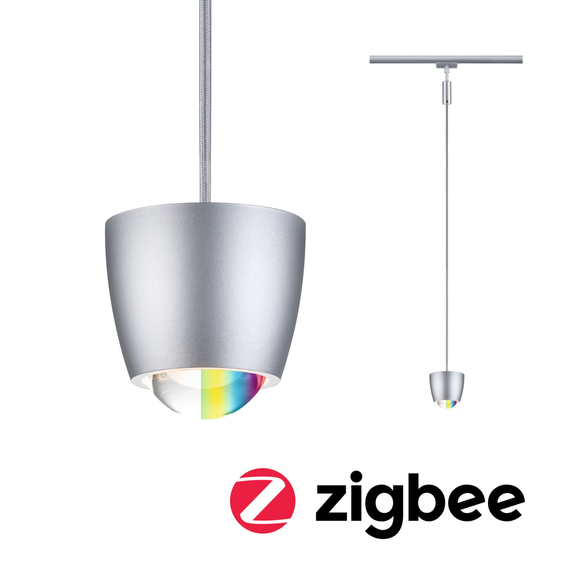 Silver metal LED pendant light with RGB color change and Zigbee smart lighting control