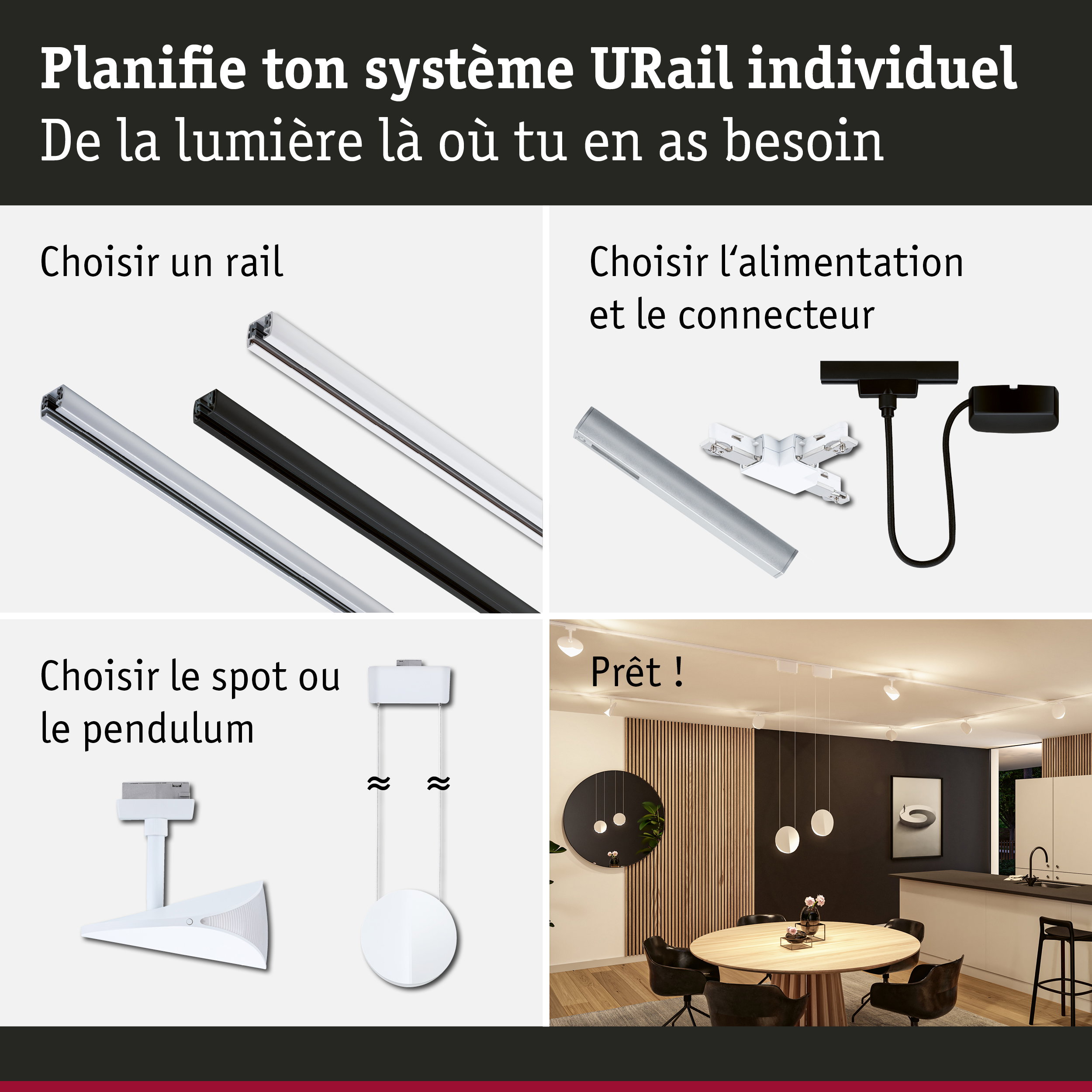 Guide étape par étape pour le système de rail URail avec rails blancs et noirs, connecteurs et spots