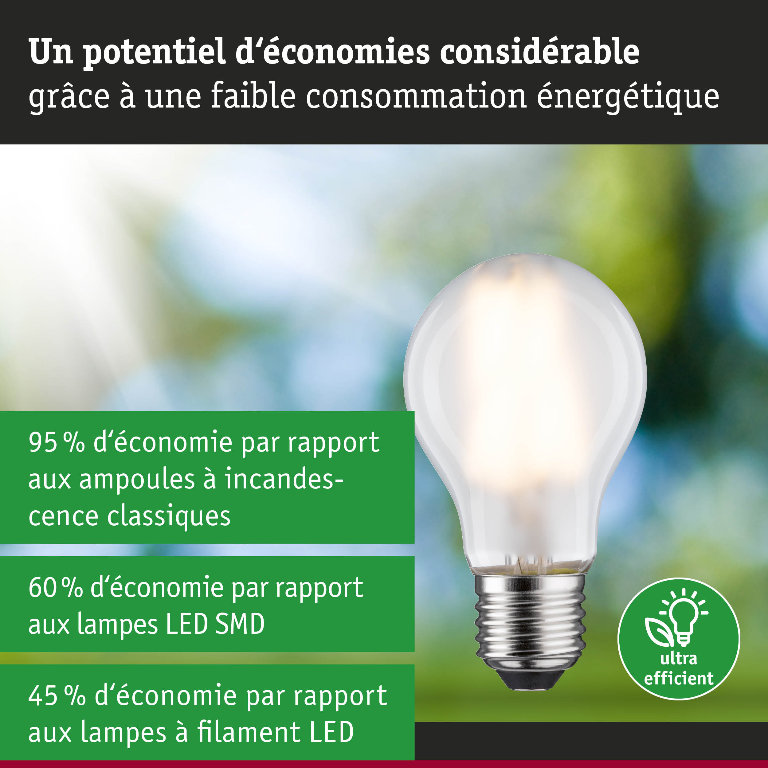 Ampoule basse consommation avec verre blanc et base métallique illustrant une grande efficacité énergétique