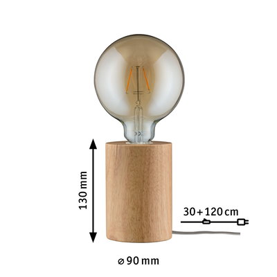 Table lamp with wooden base and large amber bulb, modern design with 150 cm cable for ambient lighting.