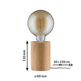 Table lamp with wooden base and large amber bulb, modern design with 150 cm cable for ambient lighting.