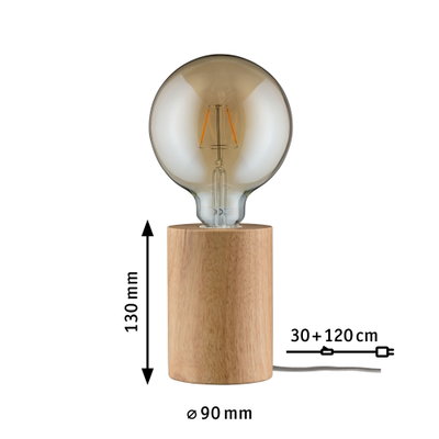 Table lamp with wooden base and large amber bulb, modern design with 150 cm cable for ambient lighting.