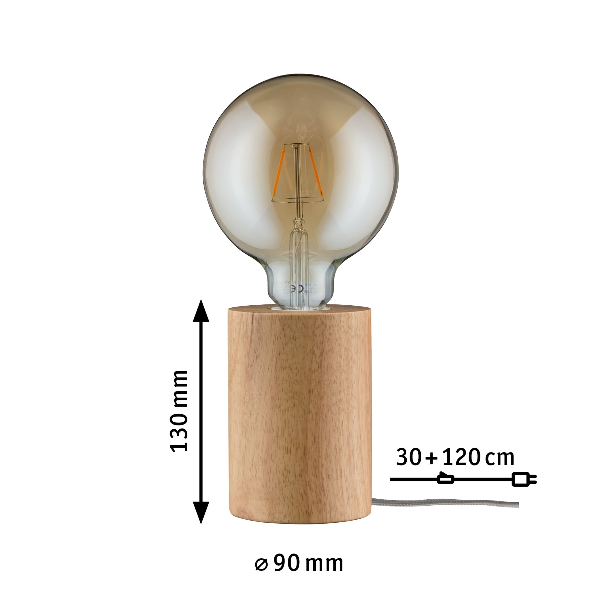 Bordlampe med træfod og stor ravfarvet pære, moderne design med 150 cm ledning.