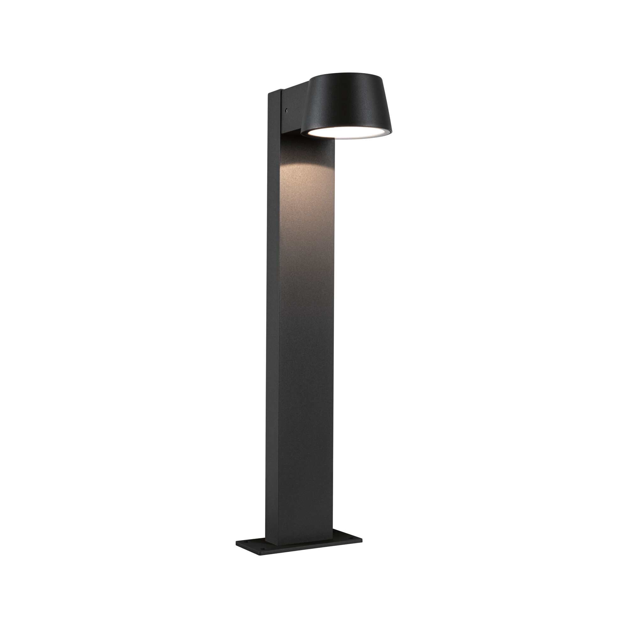 Modern black aluminium outdoor bollard with integrated LED light for garden lighting