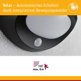 Schwarze Solar-Außenleuchte mit integriertem Bewegungsmelder und 110° Erfassungswinkel bis 8 Meter