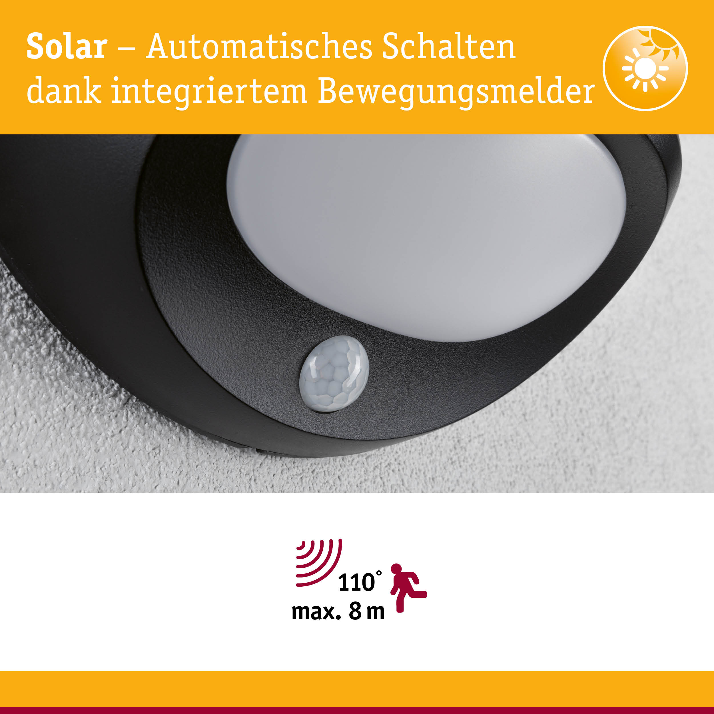 Schwarzes Solarlicht mit integriertem Bewegungsmelder für automatisches Schalten und 110° Erfassungswinkel