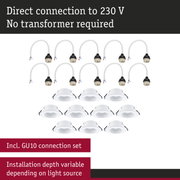 White GU10 recessed spotlights with direct 230V connection, no transformer needed, adjustable installation depth