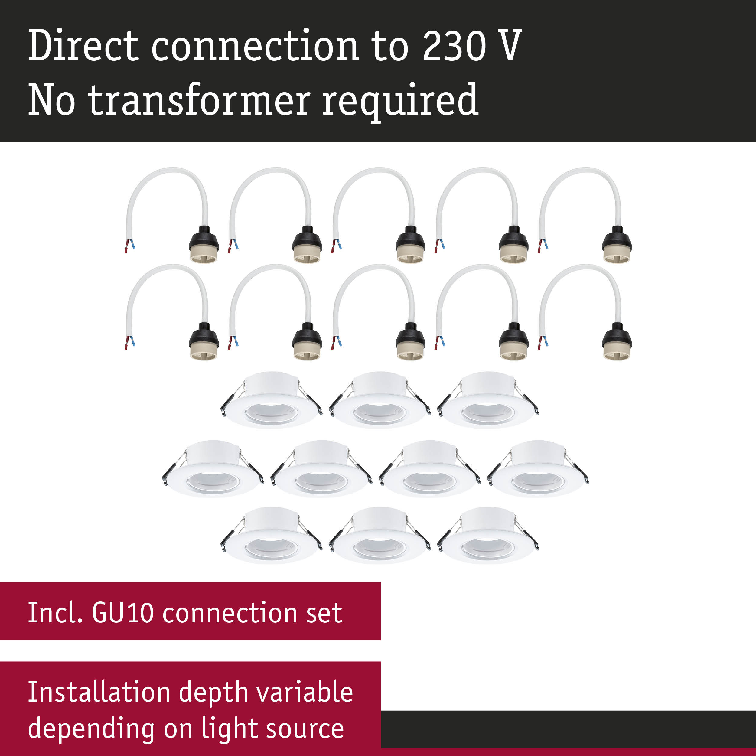 White GU10 recessed spotlights with direct 230V connection, no transformer needed, adjustable installation depth