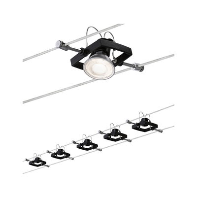 Zwarte LED-kabelspots met vierkant frame en verstelbare lamp voor moderne verlichtingssystemen.