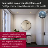 Luminaire encastré en aluminium IP44 anti-éblouissant, protégé contre éclaboussures pour pièces humides et extérieurs couverts