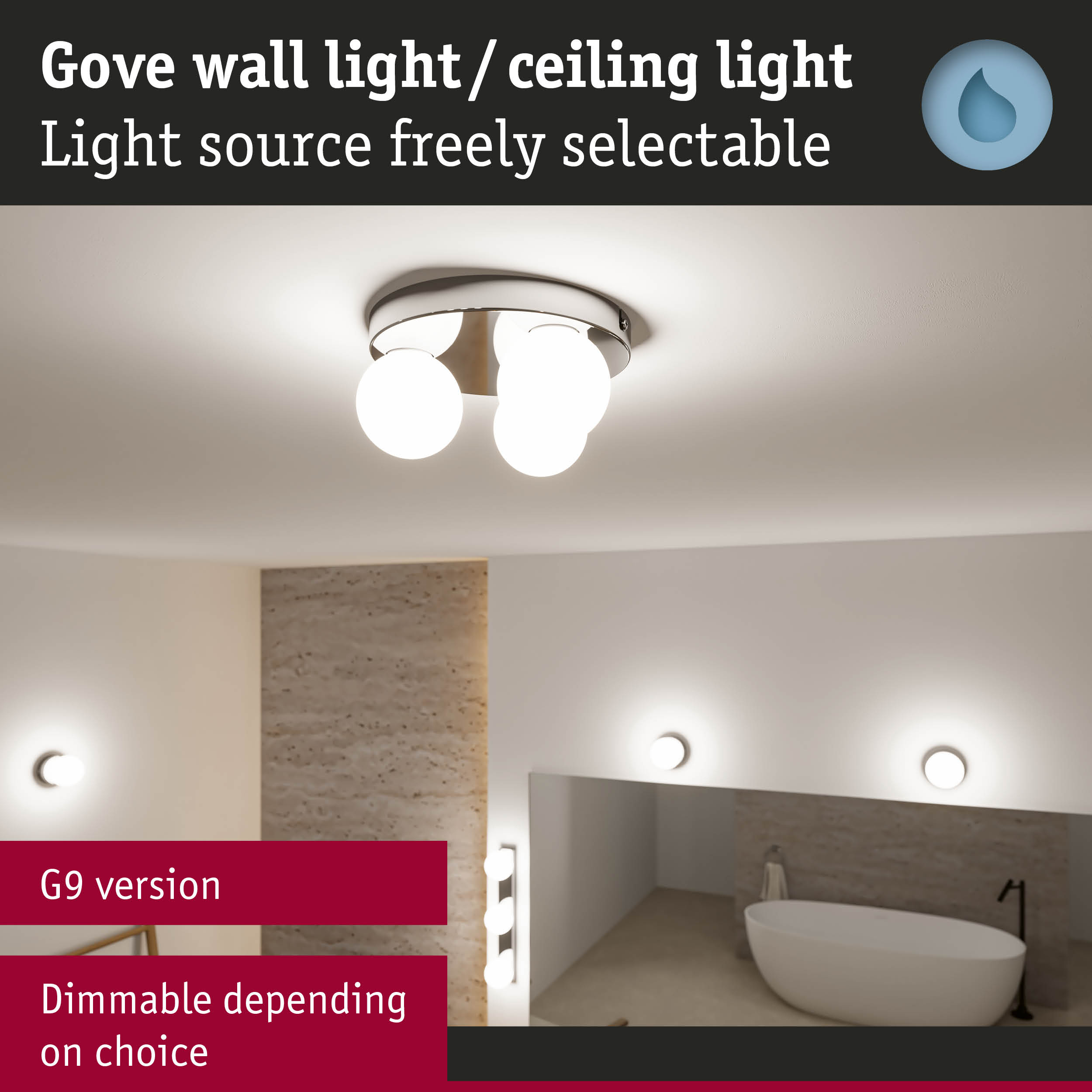 G9 ceiling light with three white glass globes in chrome, dimmable, ideal bathroom lighting