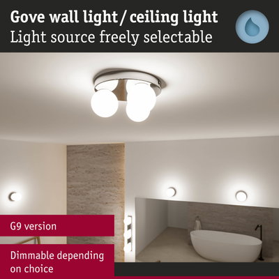 G9 ceiling light with three white glass globes in chrome, dimmable, ideal bathroom lighting
