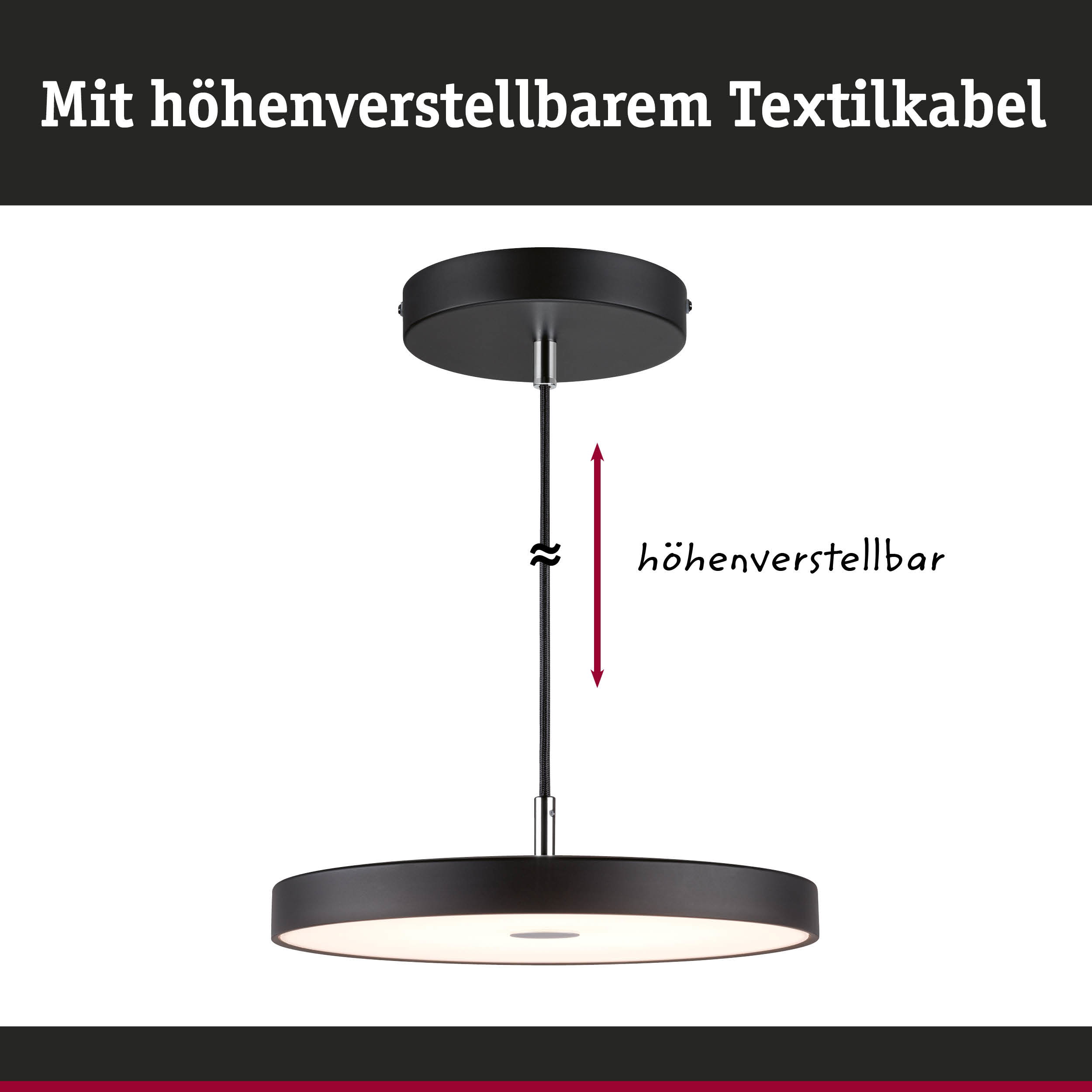 Schwarze LED-Hängeleuchte mit höhenverstellbarem Textilkabel und rundem Lampenschirm