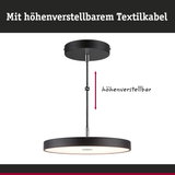 Schwarze LED-Hängeleuchte mit höhenverstellbarem Textilkabel und rundem Lampenschirm
