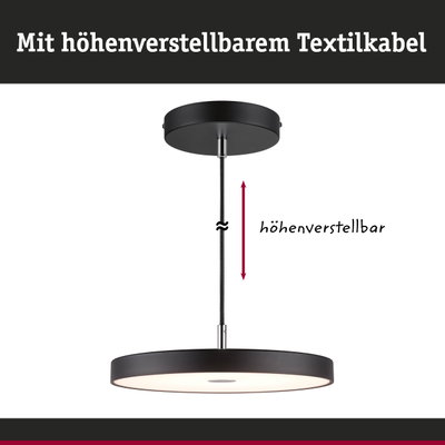 Schwarze LED-Hängeleuchte mit höhenverstellbarem Textilkabel und rundem Lampenschirm