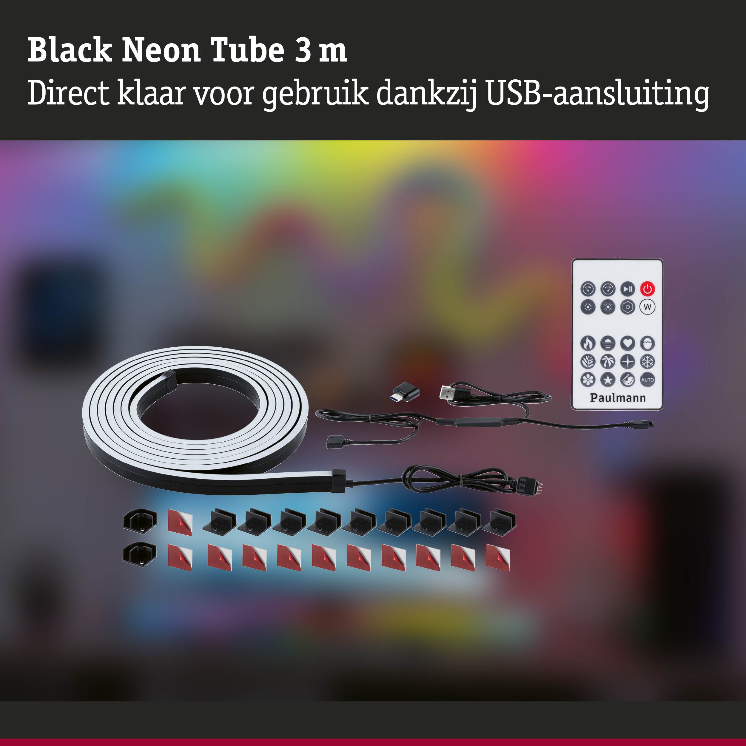 Zwarte neonbuis van 3 meter met USB-aansluiting, afstandsbediening en montagemateriaal voor LED-verlichting