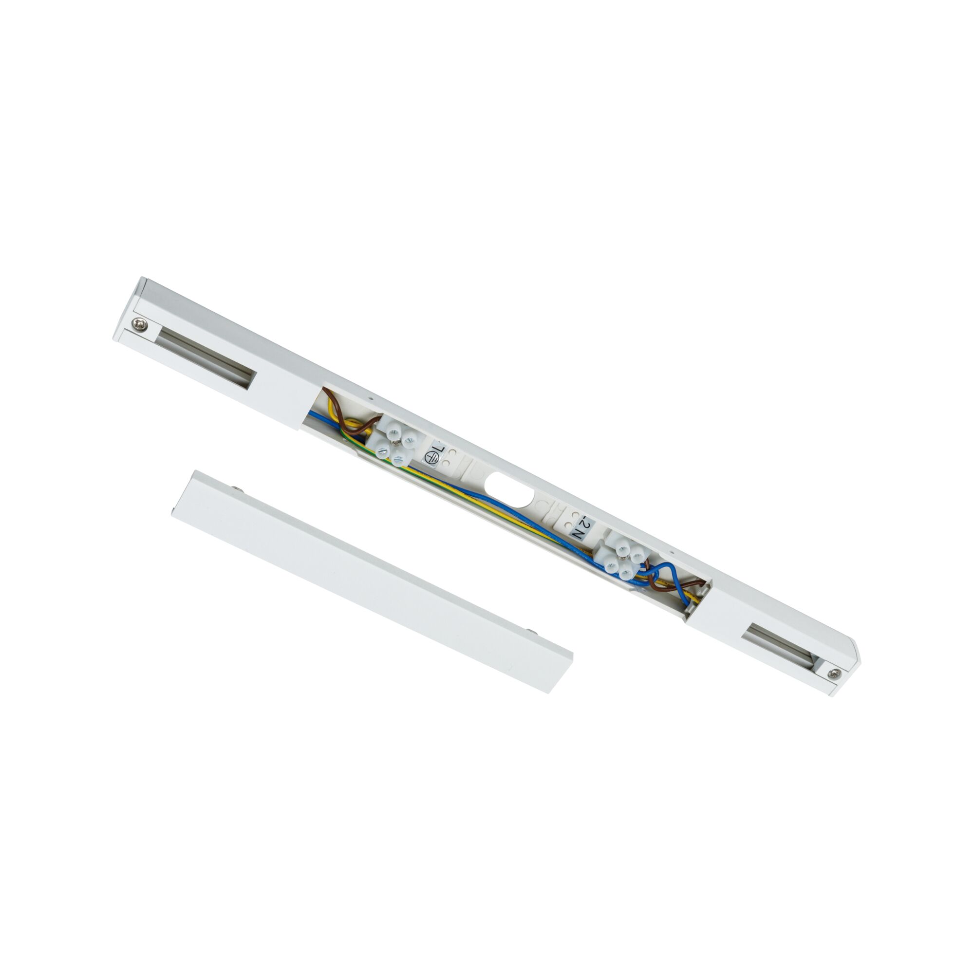 White aluminum connector with visible wires for LED lighting systems, electrical accessory