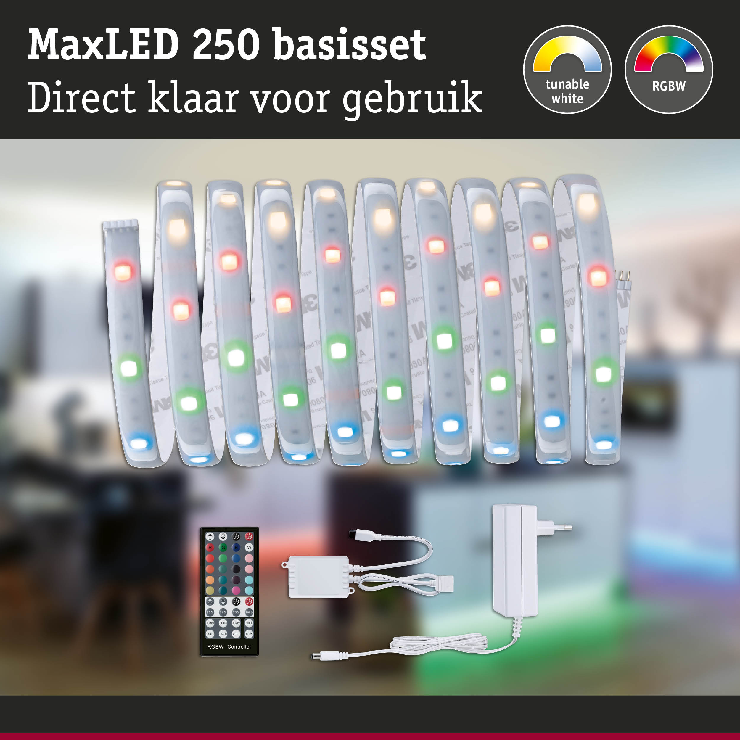 MaxLED 250 basisset met RGBW LED-strip, afstandsbediening en adapter voor kleur- en witlichtregeling