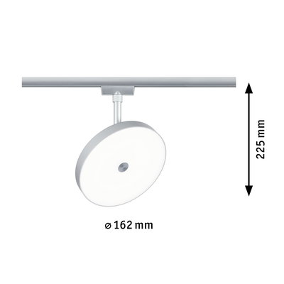 Round silver LED spotlight with 162 mm diameter and 225 mm height for track lighting systems