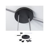 Black round metal ceiling mount with grey textile cables and mounting parts for LED lighting