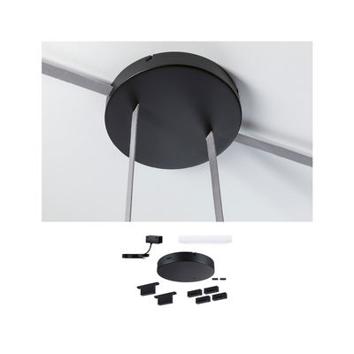 Black round metal ceiling mount with grey textile cables and mounting parts for LED lighting