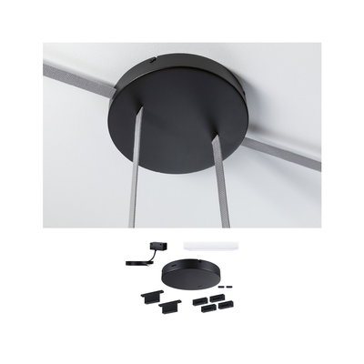 Black round metal ceiling mount with grey textile cables and mounting parts for LED lighting