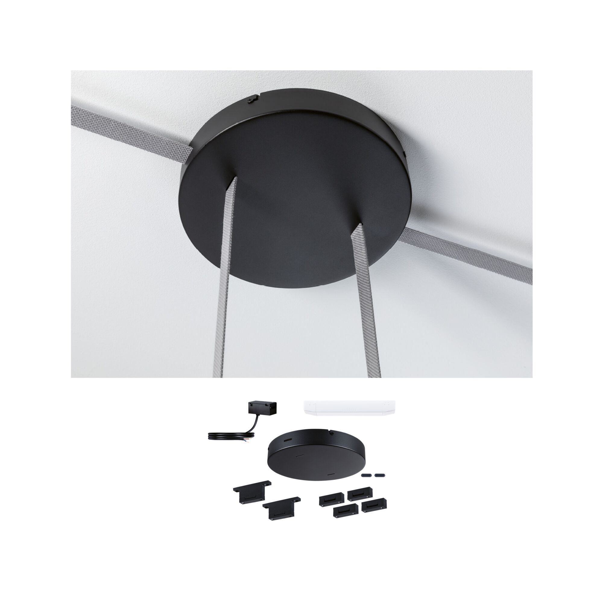 ULine Toebehoren Installatieset 230/48V max. 150W Zwart Zwarte ronde metalen plafondhouder met grijze textielkabels en montagemateriaal voor LED-verlichting