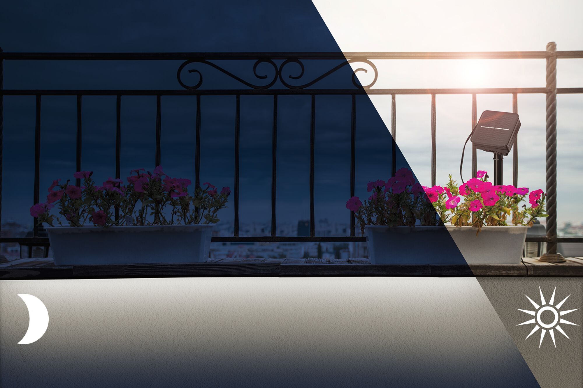 Modern black outdoor spotlight illuminating pink flowers on balcony during day and night