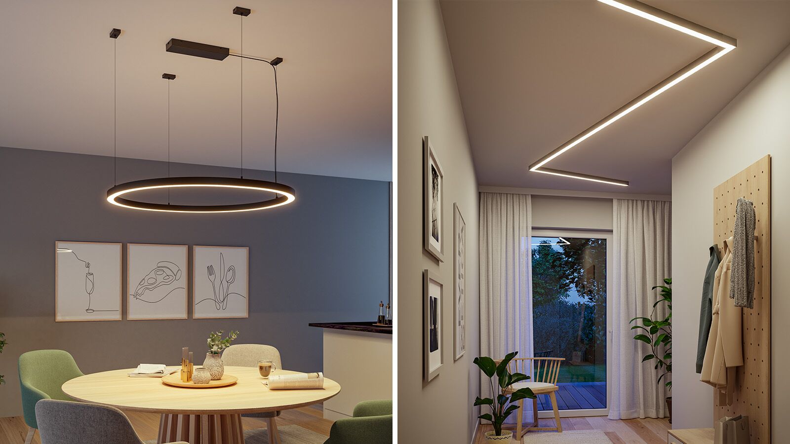 Moderne eetkamer met ronde houten tafel en zwarte LED-ringhanglamp, minimalistisch plafondlichtontwerp