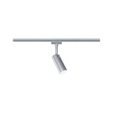 Moderner silberner LED-Strahler aus Metall an Schienensystem für flexible Raumbeleuchtung