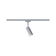 Moderner silberner LED-Strahler aus Metall an Schienensystem für flexible Raumbeleuchtung