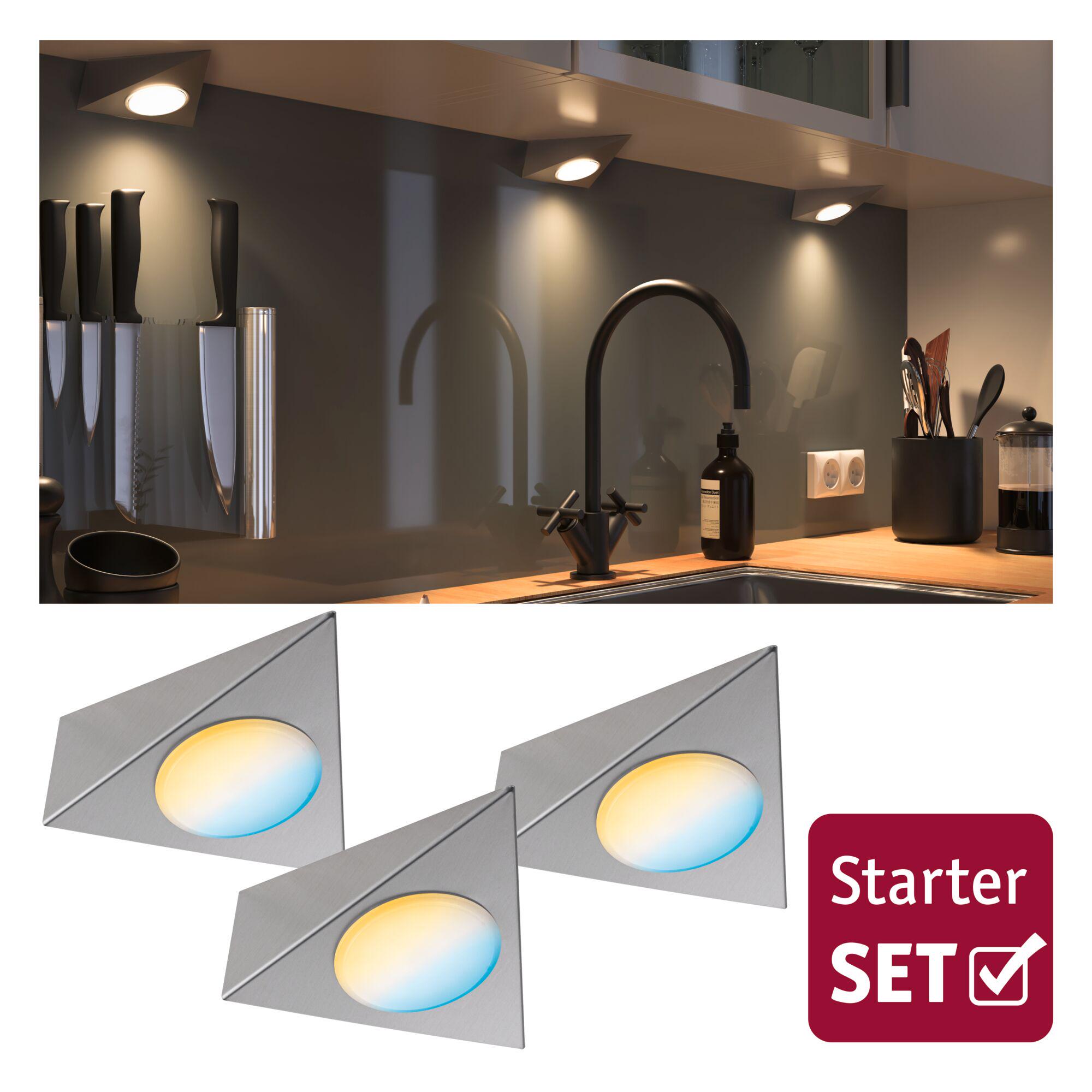 Clever Connect LED Spot Trigo Tunable White 3x2,1W 12VA Nickel gebürstet Dreier-Set dreieckige LED-Unterbauleuchten aus Edelstahl mit warmweißem Licht für Küchenarbeitsplatten.
