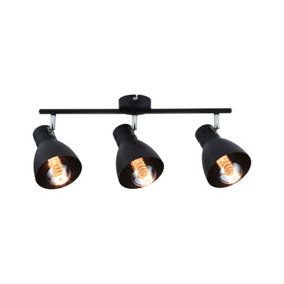 Three-light black metal ceiling spotlight with warm LED bulbs for modern home lighting