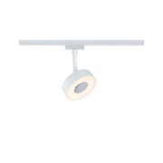 Moderner weißer LED-Spot an Schienensystem mit rundem Leuchtring für flexible Beleuchtung