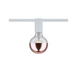 Moderne LED-Glühbirne mit halb roségoldenem Glas und weißem Halter für Schienensysteme