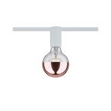 Moderne LED-Glühbirne mit halb roségoldenem Glas und weißem Halter für Schienensysteme