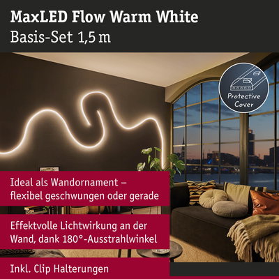 MaxLED Flow Warm White LED-Lichtschlauch 1,5 m flexibel als Wandornament mit Clip-Halterungen