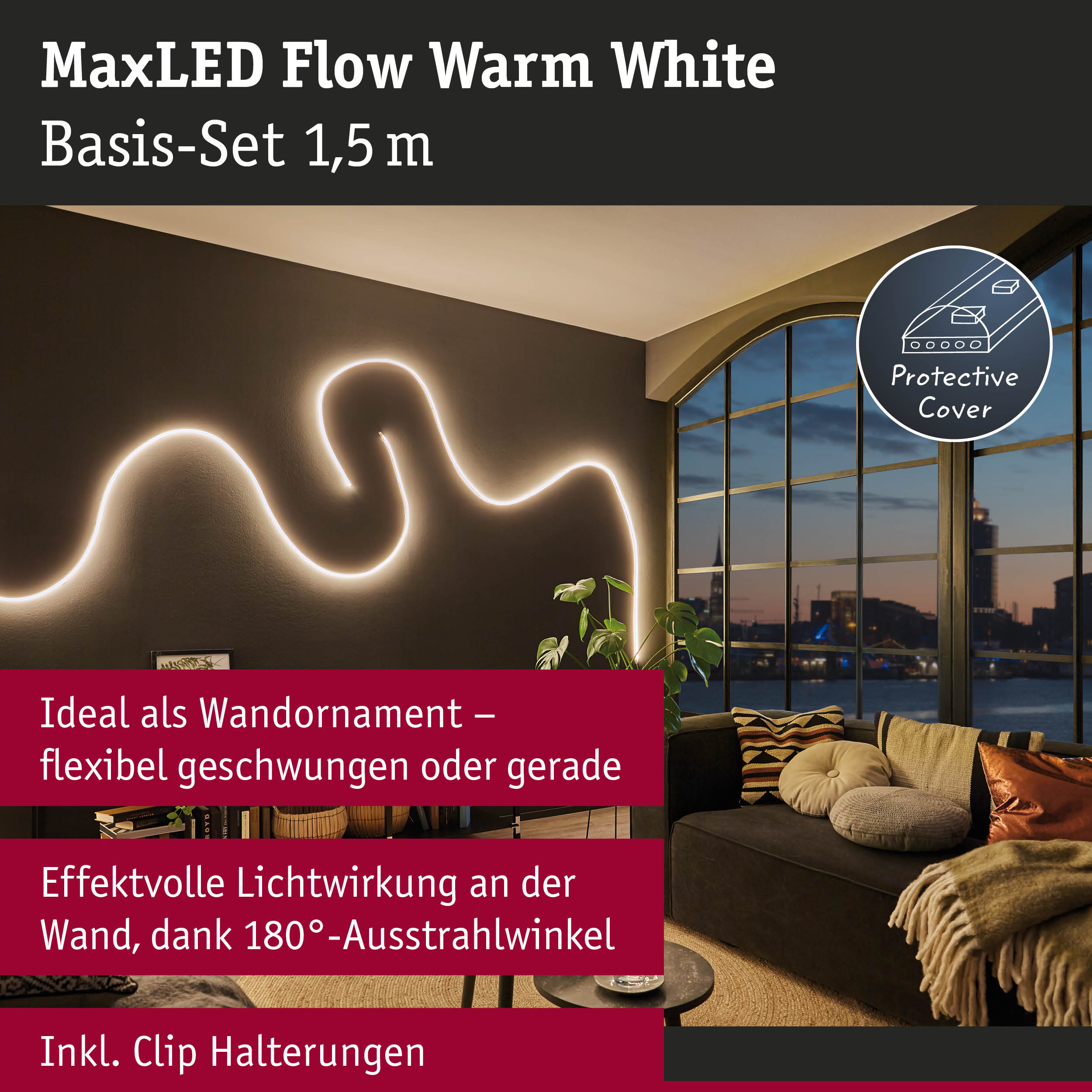 MaxLED Flow Warm White LED-Lichtband 1,5 m mit flexiblem Design und Schutzabdeckung für Wanddekoration