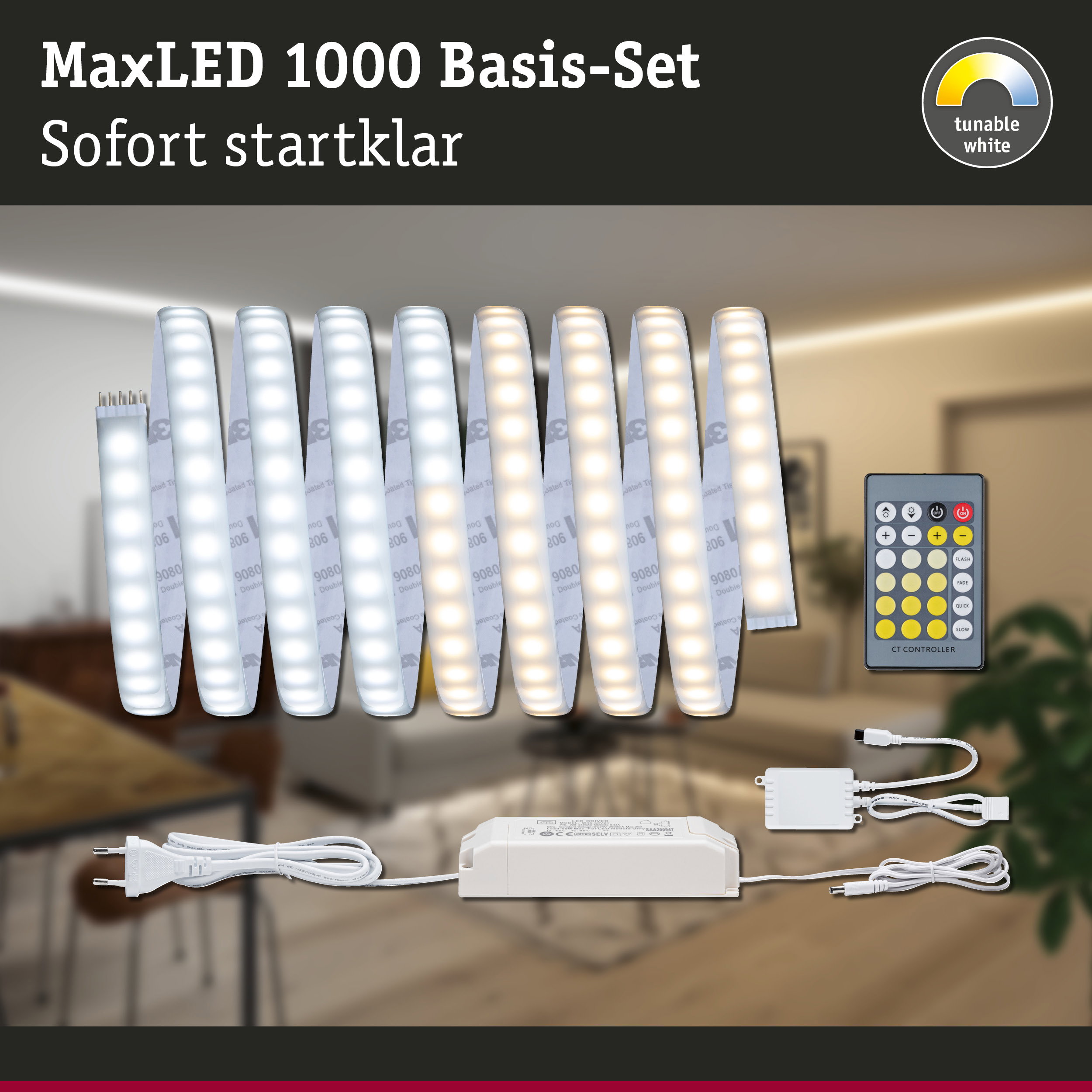 MaxLED 1000 Basis-Set mit dimmbaren weißen LED-Streifen und Fernbedienung für Wohnraumbeleuchtung