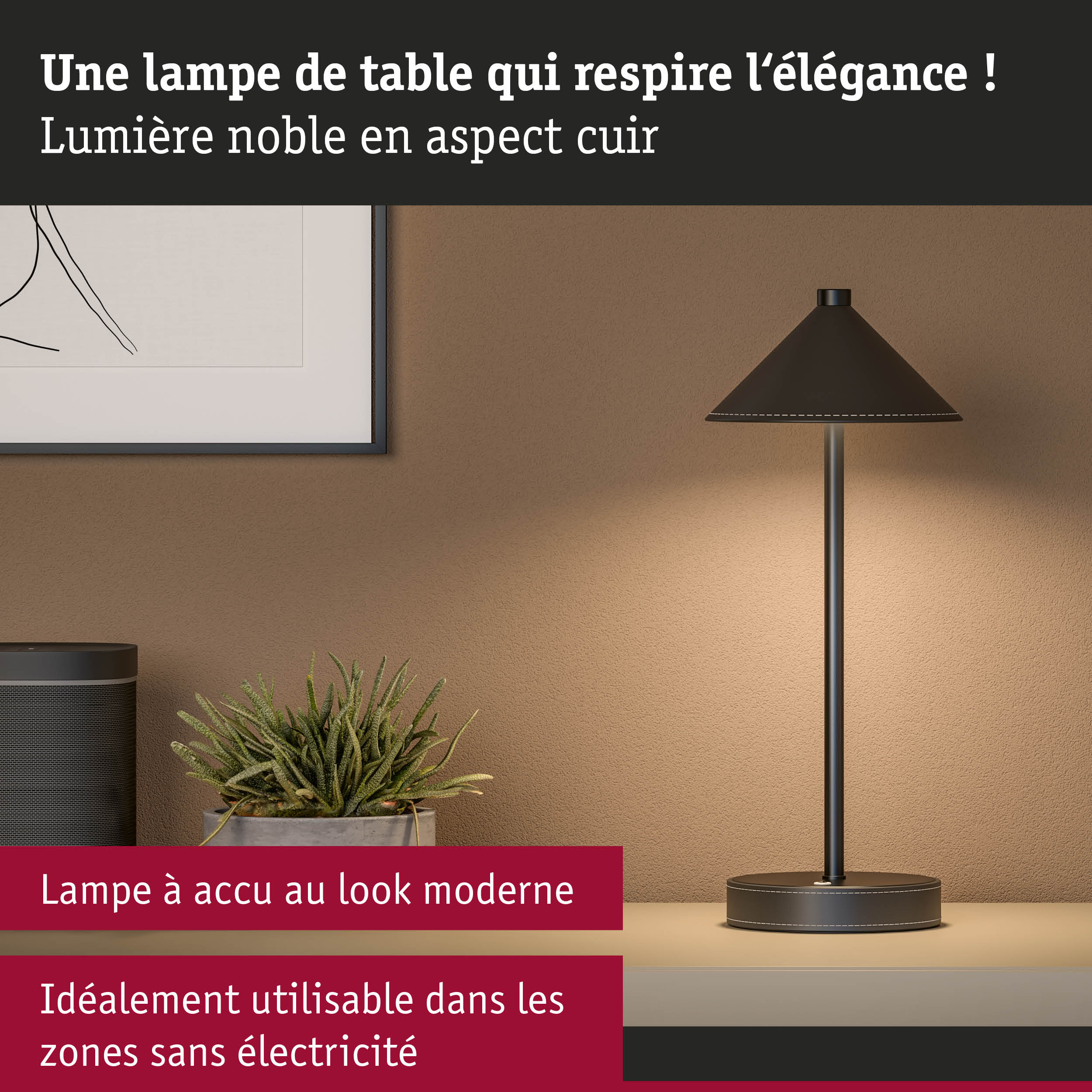 Lampe de table moderne noire aspect cuir avec batterie rechargeable, idéale pour éclairage sans fil