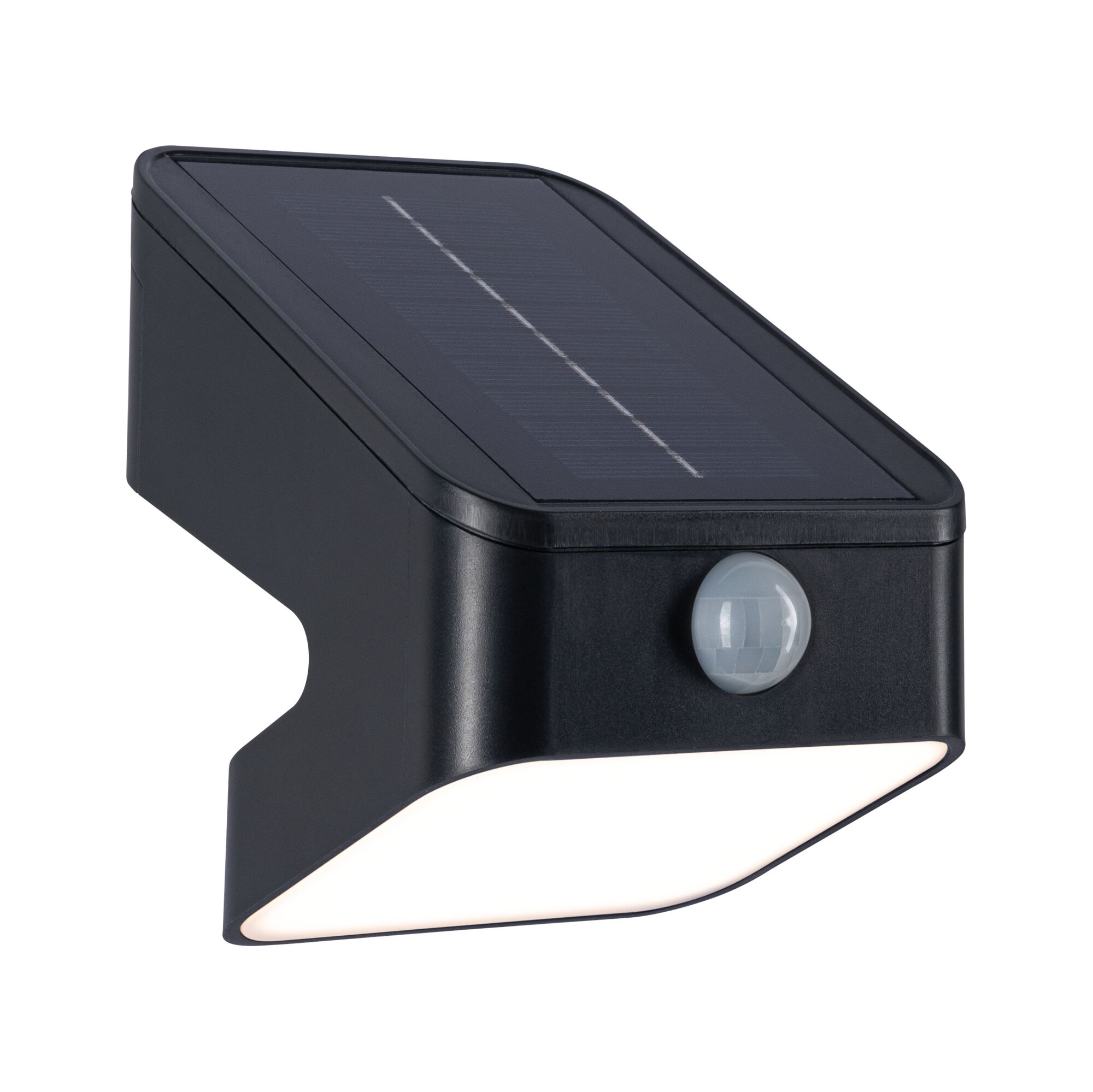 Black solar wall light with motion sensor and white light for outdoor and garden lighting