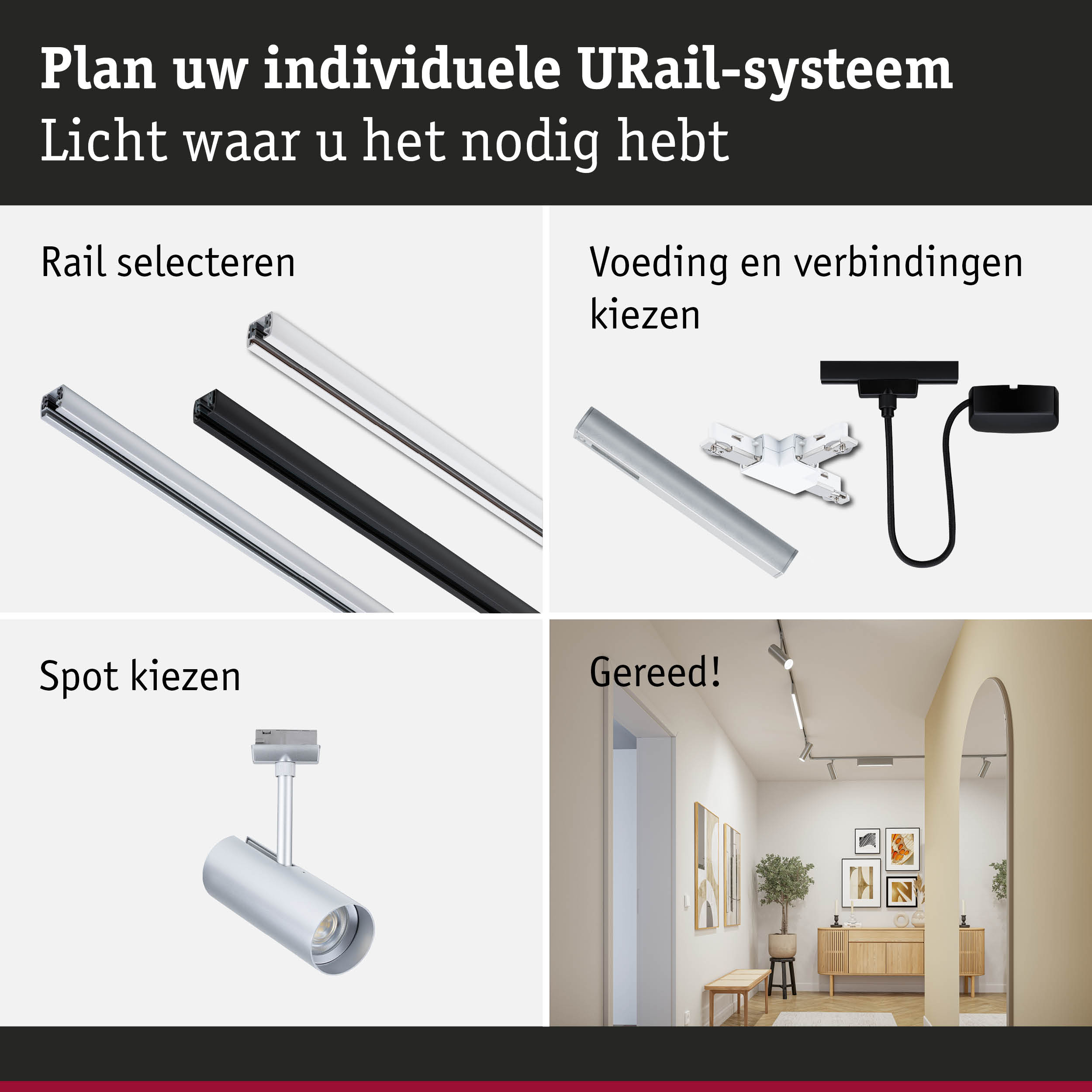 Modulair URail-systeem van aluminium in zwart en wit voor flexibele LED-verlichting.