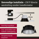 Zwarte inbouwspot met 55 mm inbouwdiepte en 230 V directe aansluiting zonder transformator