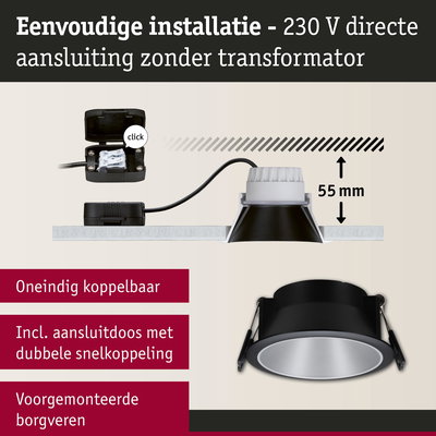Zwarte inbouwspot met 55 mm inbouwdiepte en 230 V directe aansluiting zonder transformator