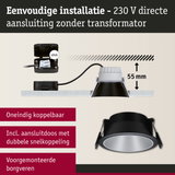 Zwarte inbouwspot met witte rand en 55 mm inbouwdiepte voor eenvoudige 230 V directe aansluiting