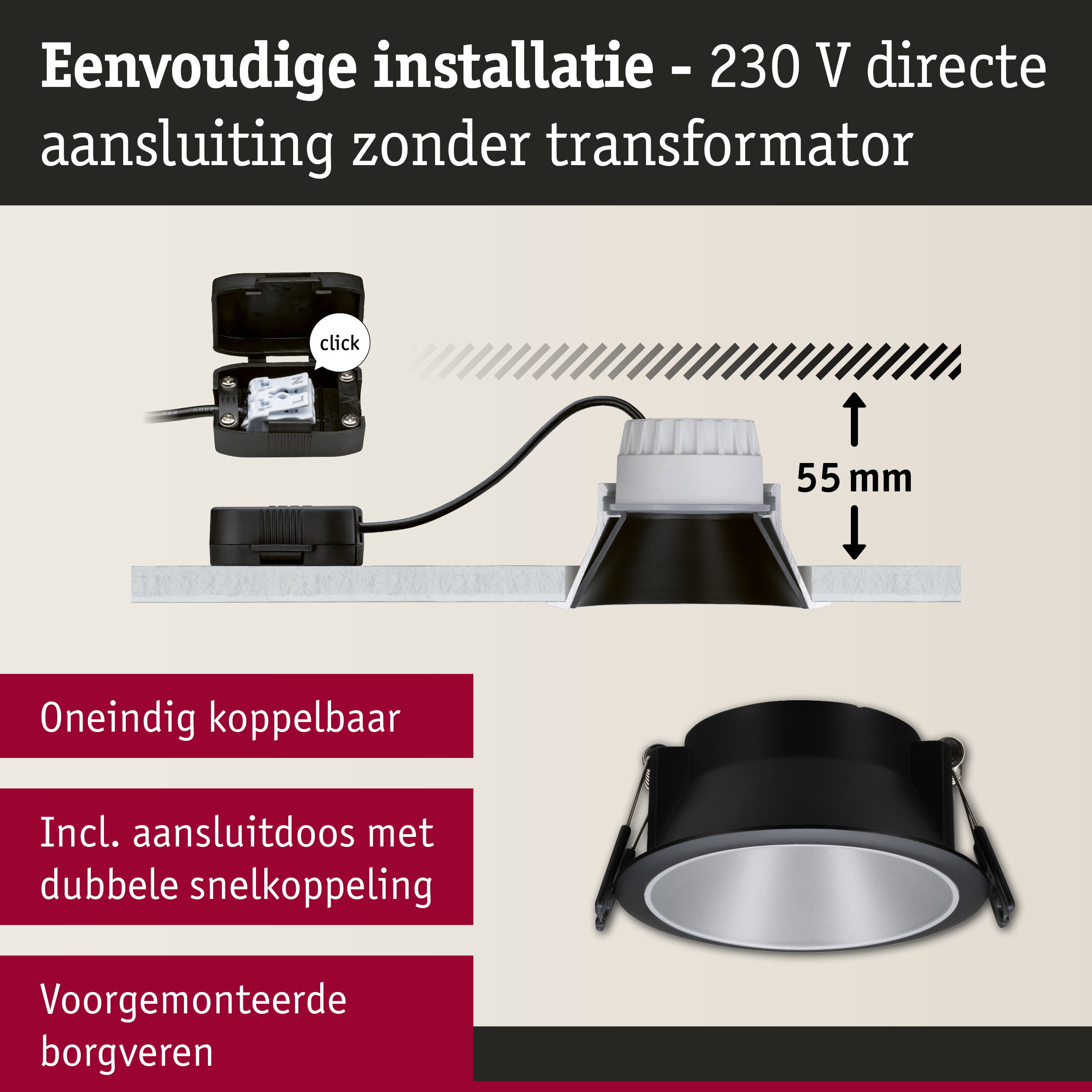 Zwarte inbouwspot met witte rand en 55 mm inbouwdiepte voor eenvoudige 230 V directe aansluiting